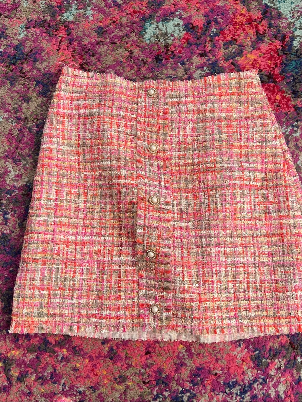 Textured Pink sequin sparkle Tweed Button-Front Mini Skirt S side zip